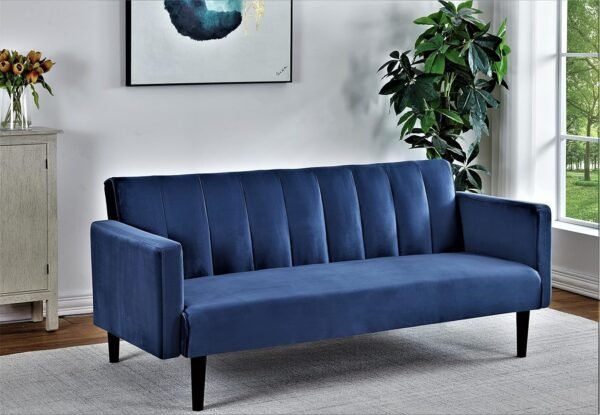 Container Furniture Direct 72" Velvet Convertible Futon Sofa Bed - Full Out Twin Sleeper Couch w/Channel Stitch, Wood Frame & High-Density Foam - Space-Saving for Apartments/Dorms, Deep Blue - Image 2