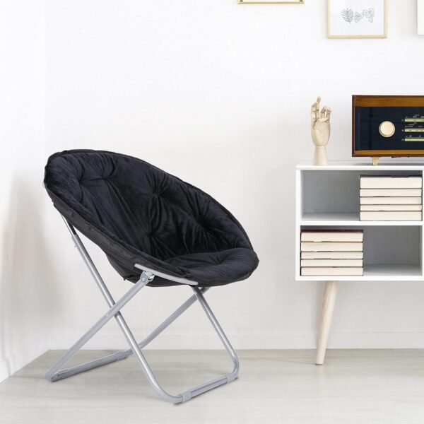 JungleA Folding Moon Chair,Faux Fur Round Foldable Portable Compact Chair Concave Relaxation Chair with Metal Frame for Camping,Dorm,Study,Living Room,Bedroom(Black) - Image 4