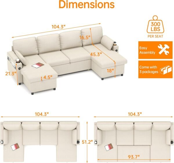 DURASPACE Sofa Bed Pull Out Couch Sleeper with Double Storage Chaise, U Shaped Convertible Sectional Sleeper Sofa for Living Room with USB Charging Ports, Cup Holder (Beige) - Image 2