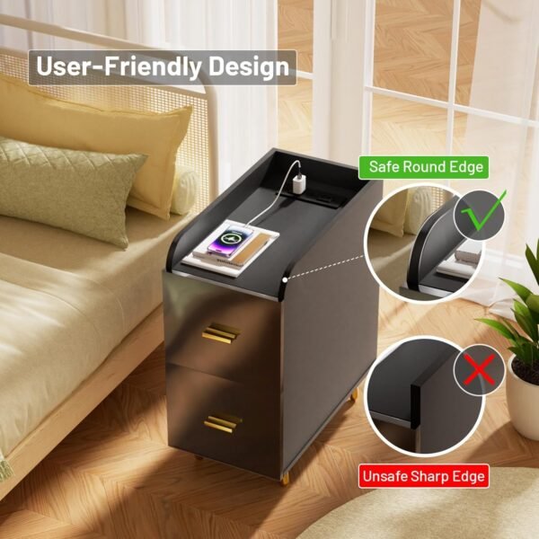 Nightstand with Charging Station, 2 Deep Drawers & Back Shelf Stylish High-Gloss Panel, Modern Tall Narrow Wood Night Stand Bed Side End Table for Bedroom & Living Room, Black - Image 5