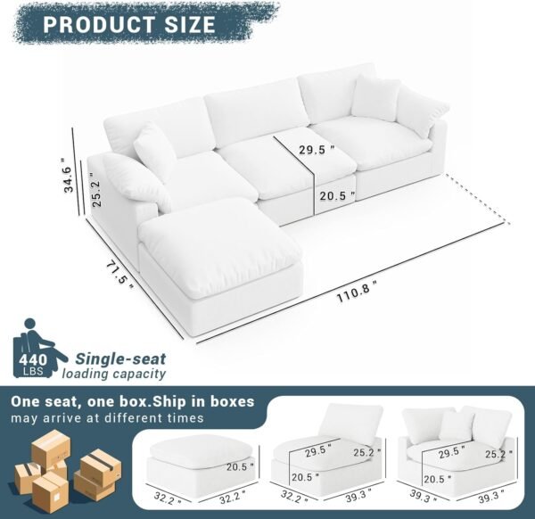 Oversized Cloud Sectional Couches for Living Room, 110.8" L Shaped Couch, Comfy Down Filled Modular Sectional Sofa, 3 Seater with Ottoman Deep Seat Modular Couch with Removable Covers, White - Image 2