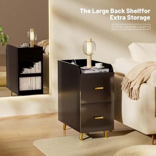 Nightstand with Charging Station, 2 Deep Drawers & Back Shelf Stylish High-Gloss Panel, Modern Tall Narrow Wood Night Stand Bed Side End Table for Bedroom & Living Room, Black - Image 4