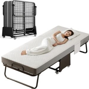 Deluxe Folding Bed with Mattress with 5-inch Memory Foam Mattress on Rollers for Easy Storage with Metal Frame and Bed Side Pockets (75″×31″)