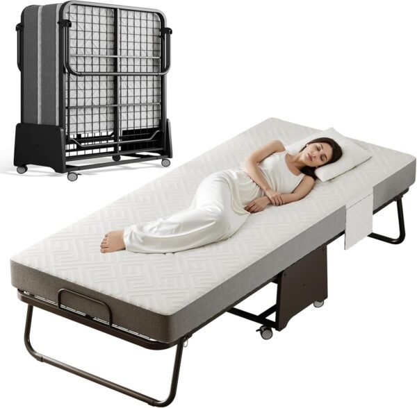 Deluxe Folding Bed with Mattress with 5-inch Memory Foam Mattress on Rollers for Easy Storage with Metal Frame and Bed Side Pockets (75"×31")