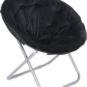 JungleA Folding Moon Chair,Faux Fur Round Foldable Portable Compact Chair Concave Relaxation Chair with Metal Frame for Camping,Dorm,Study,Living Room,Bedroom(Black)