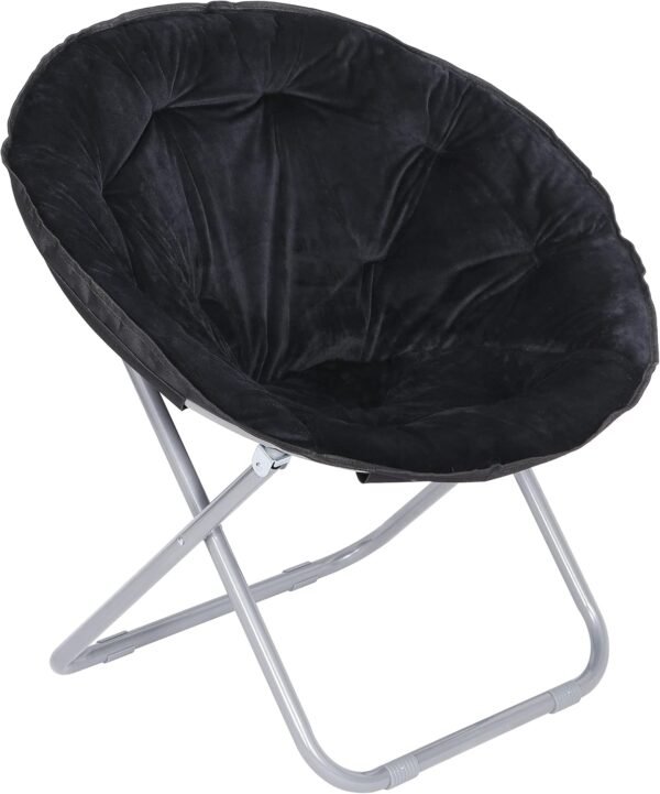JungleA Folding Moon Chair,Faux Fur Round Foldable Portable Compact Chair Concave Relaxation Chair with Metal Frame for Camping,Dorm,Study,Living Room,Bedroom(Black)