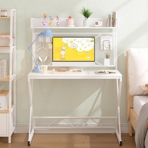 Elephance Small Gaming Desk with Pegboard, 39 Inch Computer Desk with Storage Shelves, Modern Office Desk for Study Work Home Office, Small Spaces, White - Image 2