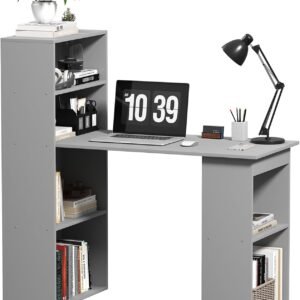 HOMCOM Modern Home Office Desk with 6-Tier Storage Shelves, 47″ Writing Desk with Bookshelf, Gray
