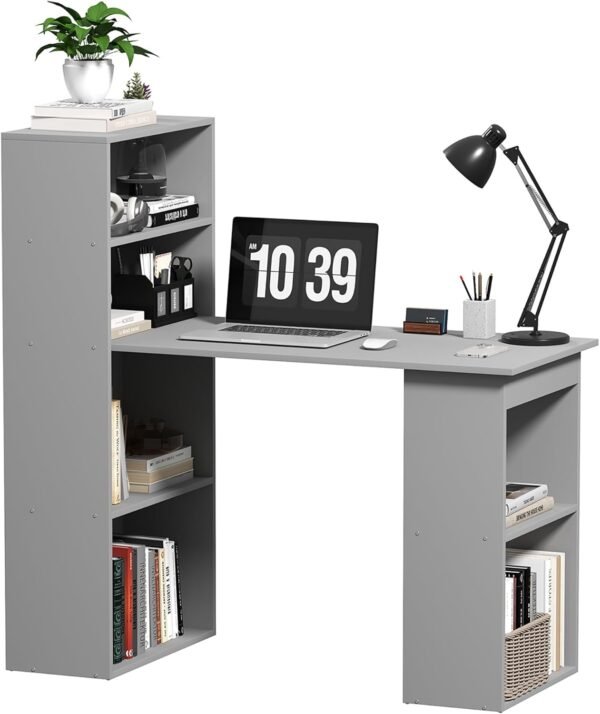 HOMCOM Modern Home Office Desk with 6-Tier Storage Shelves, 47" Writing Desk with Bookshelf, Gray