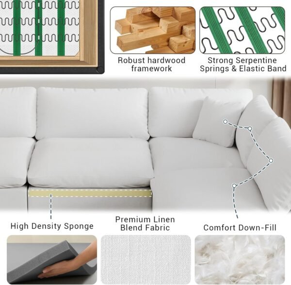 Oversized Cloud Sectional Couches for Living Room, 110.8" L Shaped Couch, Comfy Down Filled Modular Sectional Sofa, 3 Seater with Ottoman Deep Seat Modular Couch with Removable Covers, White - Image 6