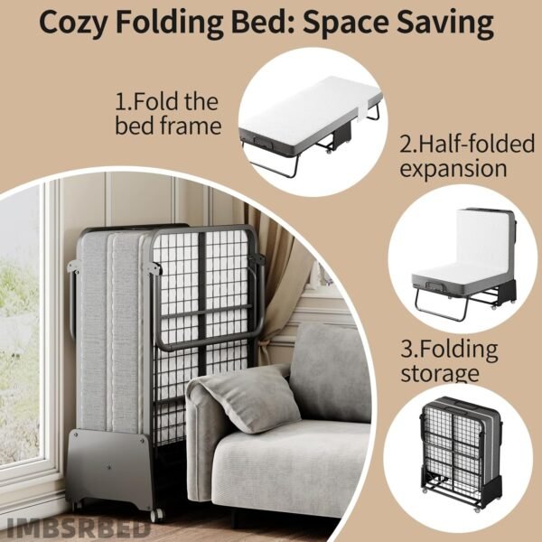 Deluxe Folding Bed with Mattress with 5-inch Memory Foam Mattress on Rollers for Easy Storage with Metal Frame and Bed Side Pockets (75"×31") - Image 3