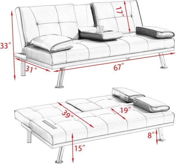 Faux Leather Convertible Folding Futon Sofa Bed with 2 Cup Holders, Sleeper Couch Bed with Removable Armrests, Metal Legs, Upholstered Loveseat for Living Room, Apartment, Dorm, Office (Orange) - Image 3