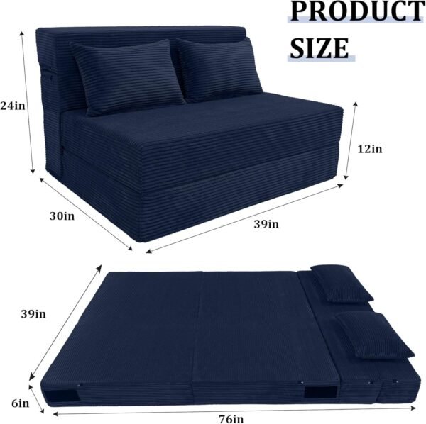 Folding Sofa Bed Convertible Couch, 39" Width, Twin Size Fold Out Couch with Pillow, Foam Floor Mattress Sleeper Chair, Foldable Mattress for Living Room/Dorm/Guest Use/Home/Apartment (Blue, Twin) - Image 2