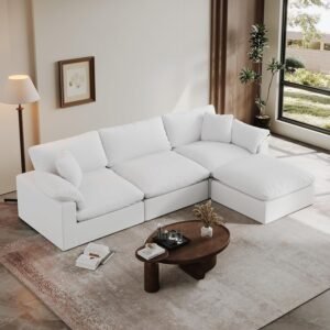 Oversized Cloud Sectional Couches for Living Room, 110.8″ L Shaped Couch, Comfy Down Filled Modular Sectional Sofa, 3 Seater with Ottoman Deep Seat Modular Couch with Removable Covers, White