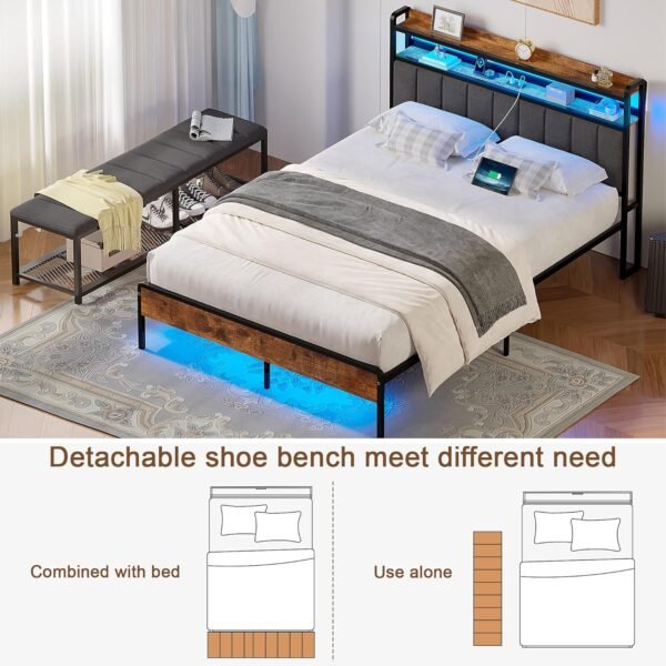VECELO Queen Size Bed Frame with LED Lights and Bench, Upholstered Headboard Bed Frame with Storage & USB Charging Station, Sturdy Metal Frame, No Box Spring Needed, Grey - Image 4