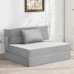 Folding Sofa Bed Convertible Floor Couch Foldable Chair Bed with Pillow, Linen Sleeper Chair Futon, Foldable Memory Foam Mattress for Bedroom/Living Room/Dorm/Office (Light Grey, Standard Twin)