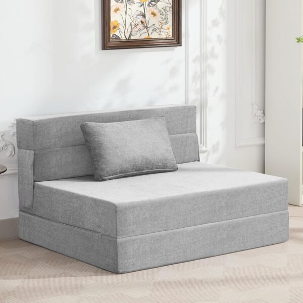 Folding Sofa Bed Convertible Floor Couch Foldable Chair Bed with Pillow, Linen Sleeper Chair Futon, Foldable Memory Foam Mattress for Bedroom/Living Room/Dorm/Office (Light Grey, Standard Twin)