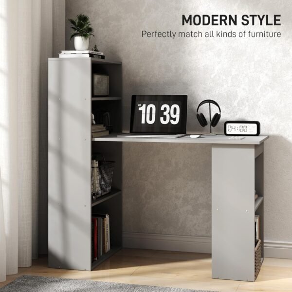 HOMCOM Modern Home Office Desk with 6-Tier Storage Shelves, 47" Writing Desk with Bookshelf, Gray - Image 4