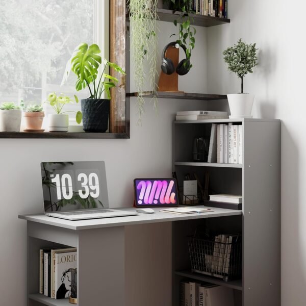 HOMCOM Modern Home Office Desk with 6-Tier Storage Shelves, 47" Writing Desk with Bookshelf, Gray - Image 8
