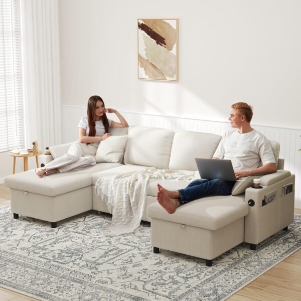 DURASPACE Sofa Bed Pull Out Couch Sleeper with Double Storage Chaise, U Shaped Convertible Sectional Sleeper Sofa for Living Room with USB Charging Ports, Cup Holder (Beige) - Image 4
