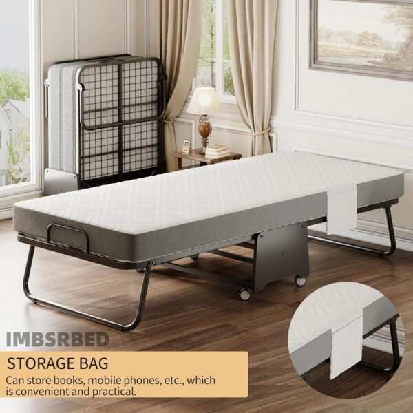 Deluxe Folding Bed with Mattress with 5-inch Memory Foam Mattress on Rollers for Easy Storage with Metal Frame and Bed Side Pockets (75"×31") - Image 7