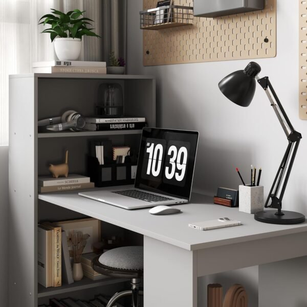 HOMCOM Modern Home Office Desk with 6-Tier Storage Shelves, 47" Writing Desk with Bookshelf, Gray - Image 9