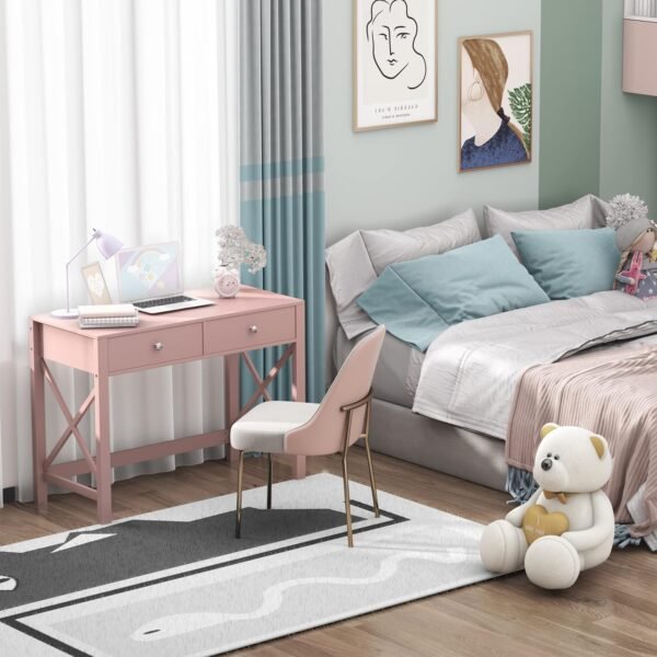 WiberWi Home Office Desk with Drawers, Modern Writing Computer Desk for Bedroom, Small Pink Makeup Vanity Table for Girls, Study Table for Home Office - Image 7