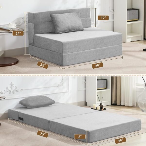 Folding Sofa Bed Convertible Floor Couch Foldable Chair Bed with Pillow, Linen Sleeper Chair Futon, Foldable Memory Foam Mattress for Bedroom/Living Room/Dorm/Office (Light Grey, Standard Twin) - Image 2