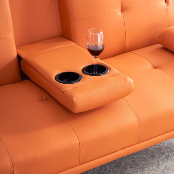 Faux Leather Convertible Folding Futon Sofa Bed with 2 Cup Holders, Sleeper Couch Bed with Removable Armrests, Metal Legs, Upholstered Loveseat for Living Room, Apartment, Dorm, Office (Orange) - Image 7
