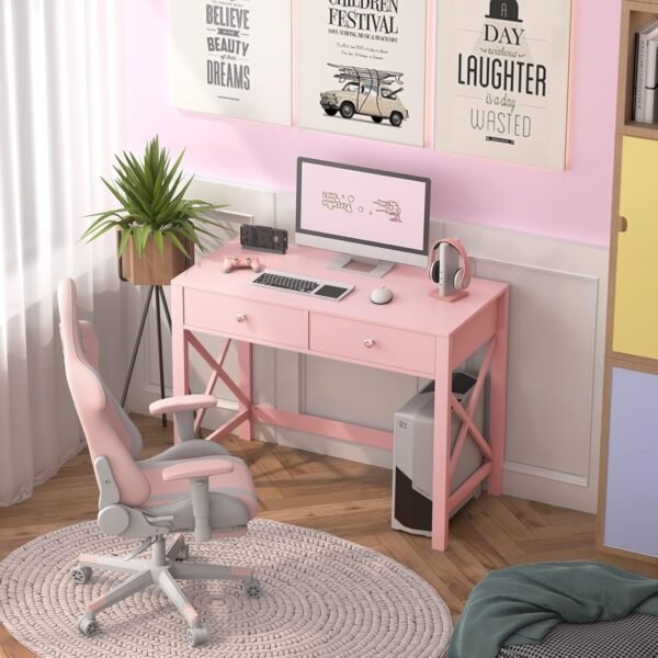 WiberWi Home Office Desk with Drawers, Modern Writing Computer Desk for Bedroom, Small Pink Makeup Vanity Table for Girls, Study Table for Home Office - Image 4