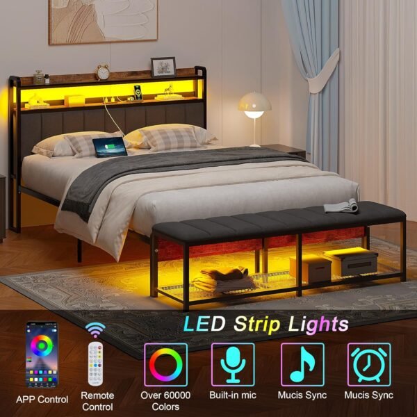 VECELO Queen Size Bed Frame with LED Lights and Bench, Upholstered Headboard Bed Frame with Storage & USB Charging Station, Sturdy Metal Frame, No Box Spring Needed, Grey - Image 3