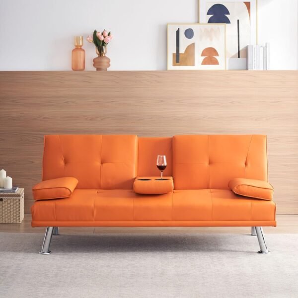 Faux Leather Convertible Folding Futon Sofa Bed with 2 Cup Holders, Sleeper Couch Bed with Removable Armrests, Metal Legs, Upholstered Loveseat for Living Room, Apartment, Dorm, Office (Orange) - Image 2