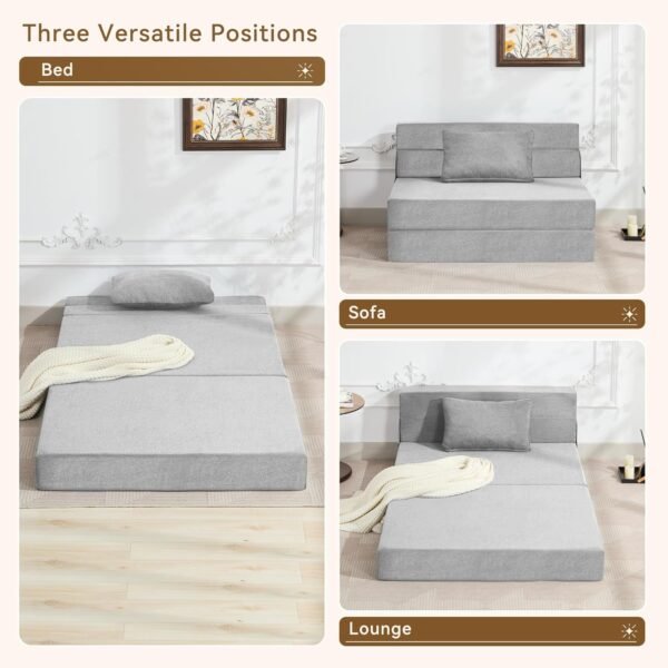 Folding Sofa Bed Convertible Floor Couch Foldable Chair Bed with Pillow, Linen Sleeper Chair Futon, Foldable Memory Foam Mattress for Bedroom/Living Room/Dorm/Office (Light Grey, Standard Twin) - Image 3