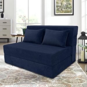 Folding Sofa Bed Convertible Couch, 39″ Width, Twin Size Fold Out Couch with Pillow, Foam Floor Mattress Sleeper Chair, Foldable Mattress for Living Room/Dorm/Guest Use/Home/Apartment (Blue, Twin)