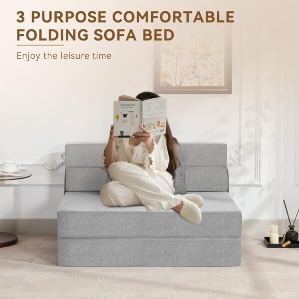 Folding Sofa Bed Convertible Floor Couch Foldable Chair Bed with Pillow, Linen Sleeper Chair Futon, Foldable Memory Foam Mattress for Bedroom/Living Room/Dorm/Office (Light Grey, Standard Twin) - Image 7