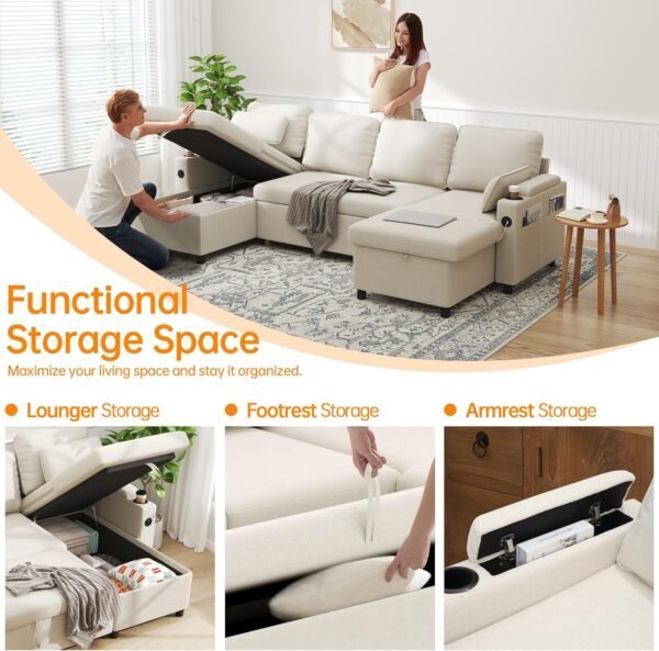 DURASPACE Sofa Bed Pull Out Couch Sleeper with Double Storage Chaise, U Shaped Convertible Sectional Sleeper Sofa for Living Room with USB Charging Ports, Cup Holder (Beige) - Image 3