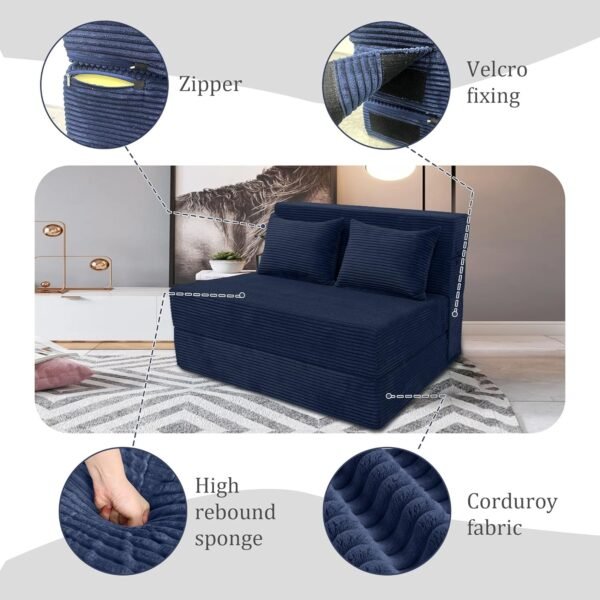 Folding Sofa Bed Convertible Couch, 39" Width, Twin Size Fold Out Couch with Pillow, Foam Floor Mattress Sleeper Chair, Foldable Mattress for Living Room/Dorm/Guest Use/Home/Apartment (Blue, Twin) - Image 3