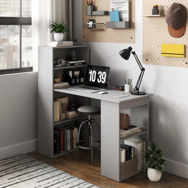 HOMCOM Modern Home Office Desk with 6-Tier Storage Shelves, 47" Writing Desk with Bookshelf, Gray - Image 7