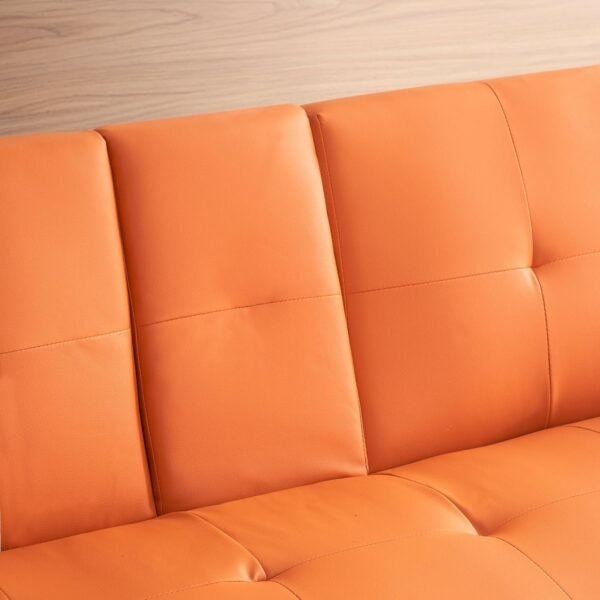 Faux Leather Convertible Folding Futon Sofa Bed with 2 Cup Holders, Sleeper Couch Bed with Removable Armrests, Metal Legs, Upholstered Loveseat for Living Room, Apartment, Dorm, Office (Orange) - Image 8