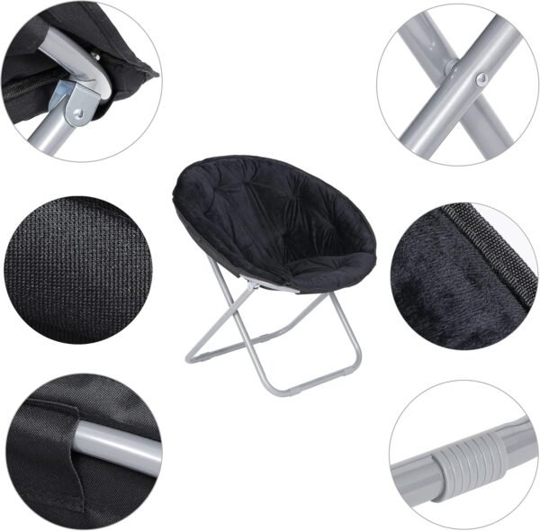 JungleA Folding Moon Chair,Faux Fur Round Foldable Portable Compact Chair Concave Relaxation Chair with Metal Frame for Camping,Dorm,Study,Living Room,Bedroom(Black) - Image 6