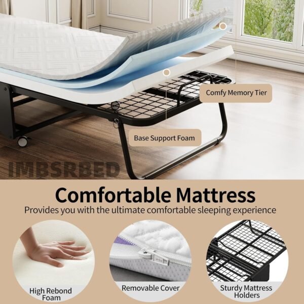 Deluxe Folding Bed with Mattress with 5-inch Memory Foam Mattress on Rollers for Easy Storage with Metal Frame and Bed Side Pockets (75"×31") - Image 5