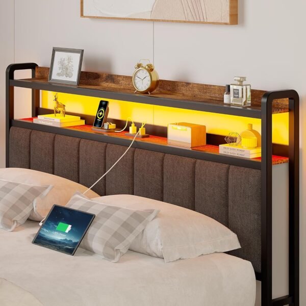 VECELO Queen Size Bed Frame with LED Lights and Bench, Upholstered Headboard Bed Frame with Storage & USB Charging Station, Sturdy Metal Frame, No Box Spring Needed, Grey - Image 6
