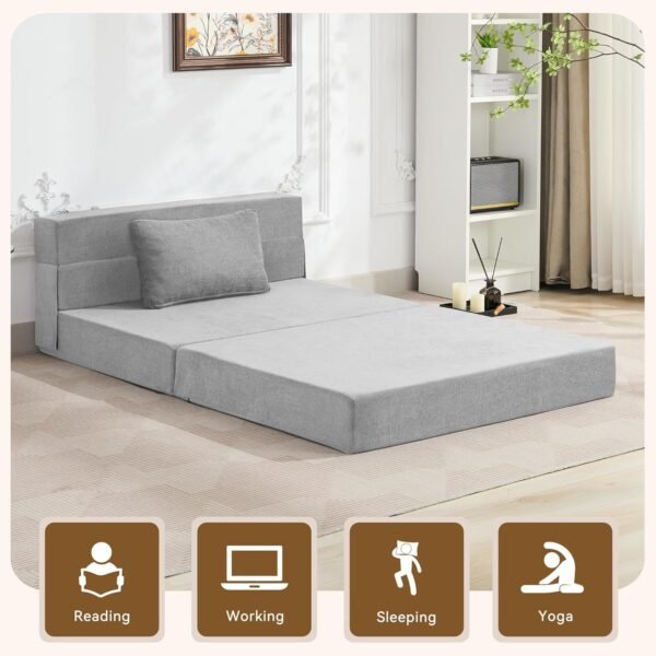 Folding Sofa Bed Convertible Floor Couch Foldable Chair Bed with Pillow, Linen Sleeper Chair Futon, Foldable Memory Foam Mattress for Bedroom/Living Room/Dorm/Office (Light Grey, Standard Twin) - Image 6