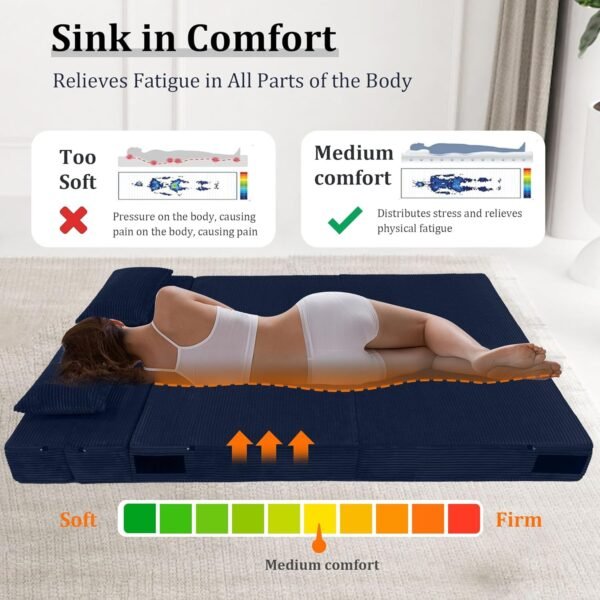 Folding Sofa Bed Convertible Couch, 39" Width, Twin Size Fold Out Couch with Pillow, Foam Floor Mattress Sleeper Chair, Foldable Mattress for Living Room/Dorm/Guest Use/Home/Apartment (Blue, Twin) - Image 4