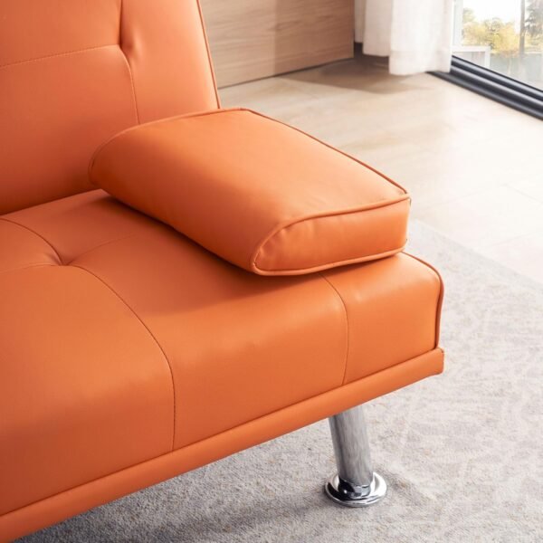 Faux Leather Convertible Folding Futon Sofa Bed with 2 Cup Holders, Sleeper Couch Bed with Removable Armrests, Metal Legs, Upholstered Loveseat for Living Room, Apartment, Dorm, Office (Orange) - Image 9