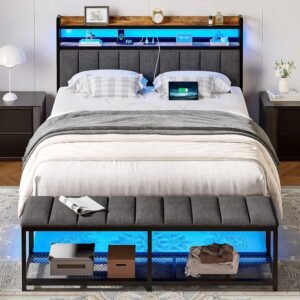 VECELO Queen Size Bed Frame with LED Lights and Bench, Upholstered Headboard Bed Frame with Storage & USB Charging Station, Sturdy Metal Frame, No Box Spring Needed, Grey