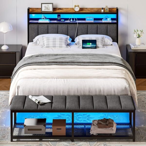 VECELO Queen Size Bed Frame with LED Lights and Bench, Upholstered Headboard Bed Frame with Storage & USB Charging Station, Sturdy Metal Frame, No Box Spring Needed, Grey