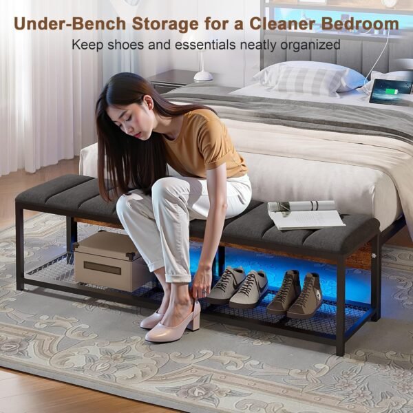 VECELO Queen Size Bed Frame with LED Lights and Bench, Upholstered Headboard Bed Frame with Storage & USB Charging Station, Sturdy Metal Frame, No Box Spring Needed, Grey - Image 5