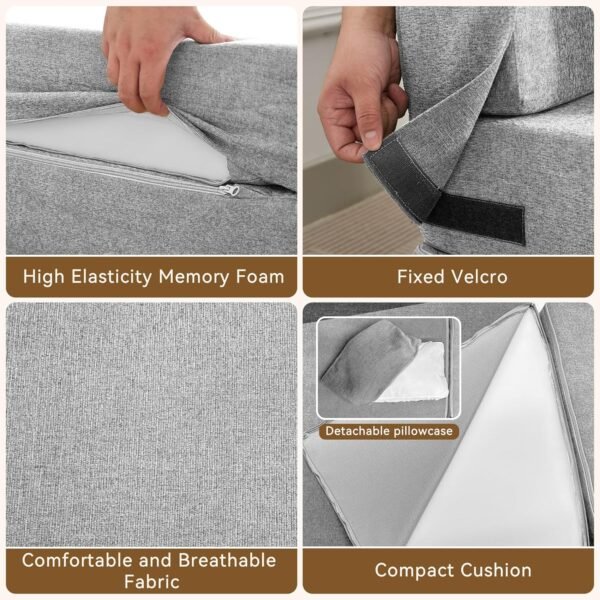 Folding Sofa Bed Convertible Floor Couch Foldable Chair Bed with Pillow, Linen Sleeper Chair Futon, Foldable Memory Foam Mattress for Bedroom/Living Room/Dorm/Office (Light Grey, Standard Twin) - Image 5